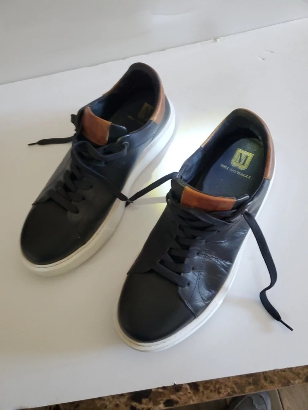 Bruno Magli Men's Black Leather Low-Top Sneakers with Brown Accent